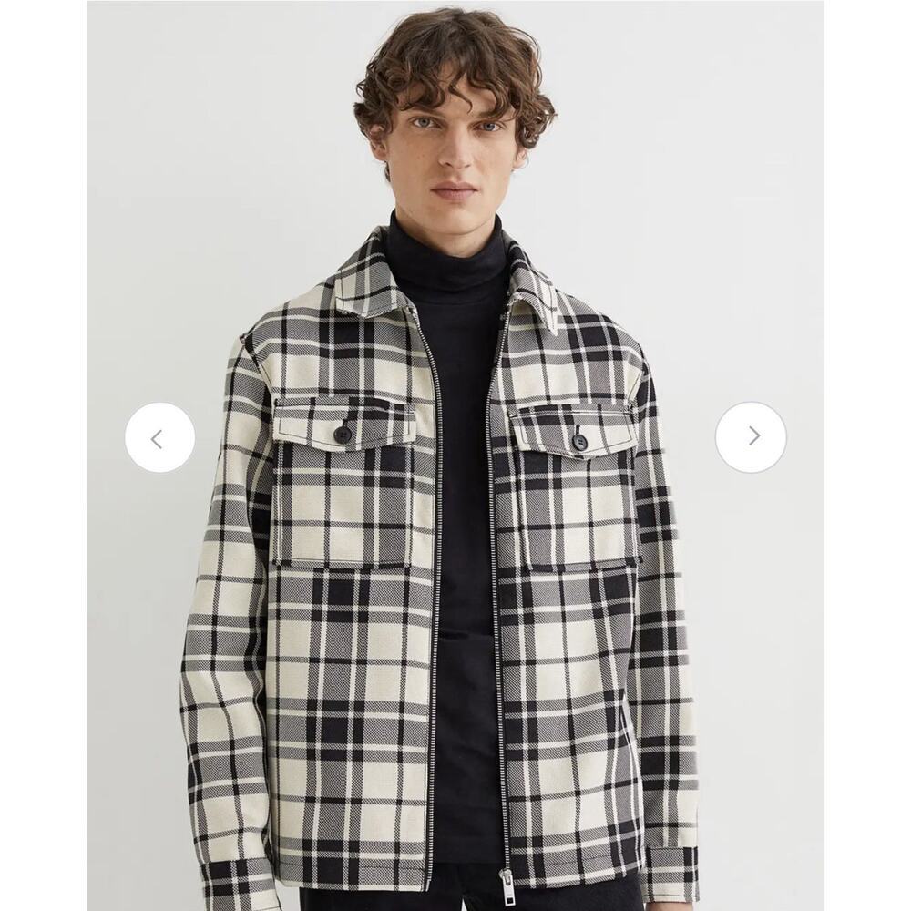 H&M Men's Black & Cream Plaid Full Zipper Jacket /Shacket Size M Oversized - Picture 13 of 13